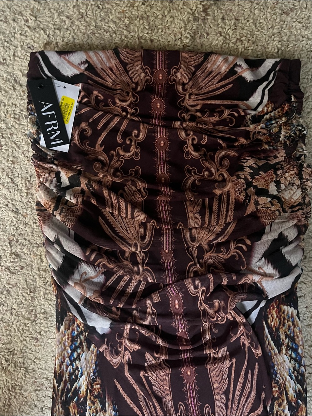 AFRM Strapless Ruched Dress in Brown & Cream Baroque